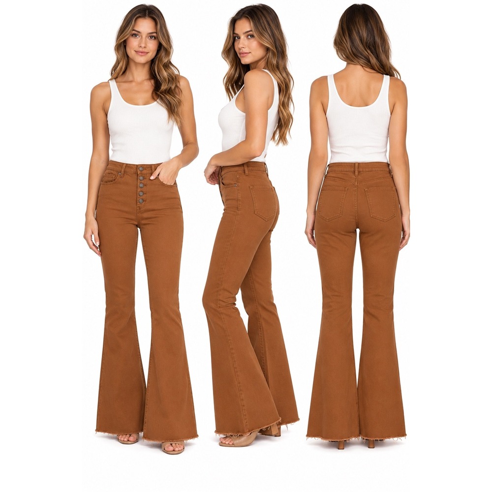Sincerely Jules Brown High Rise Flare Jeans Button Fly Raw Hem Size 5/27